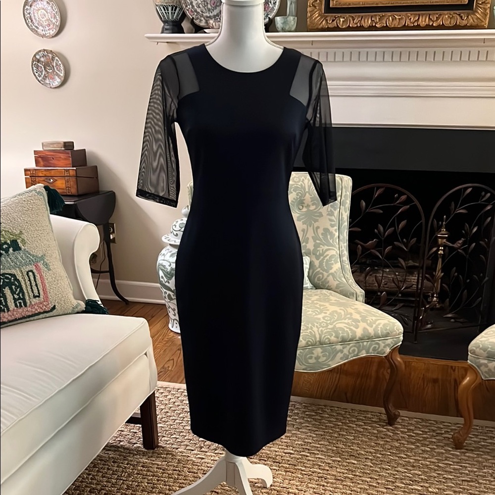 Navy Dress w/ Sheer Sleeves - Super Flattering Sz 4 Stretchy! Great fit! ❤️